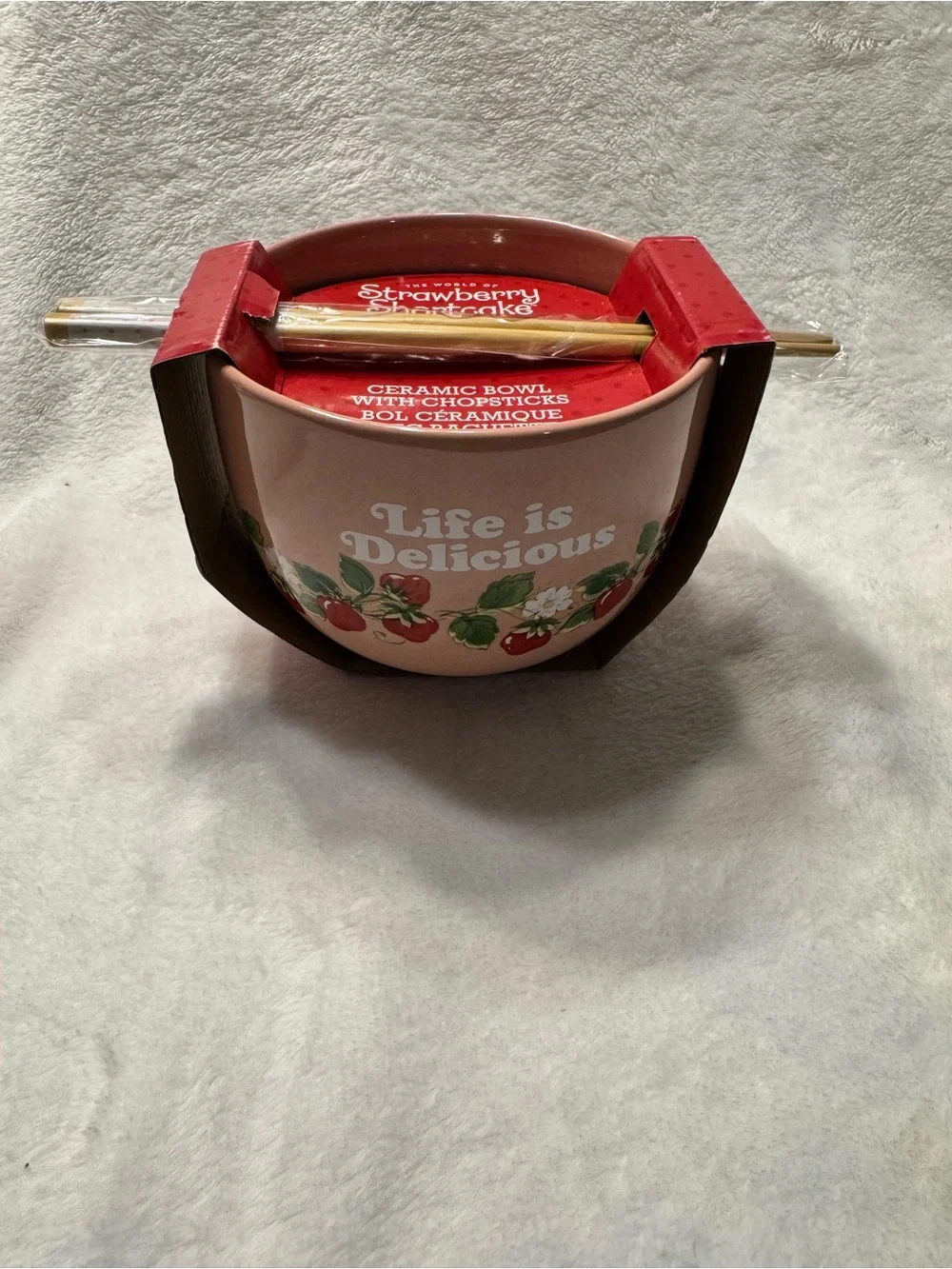 Strawberry Shortcake 'Life is Delicious' Pink Ceramic Bowl with Chopsticks